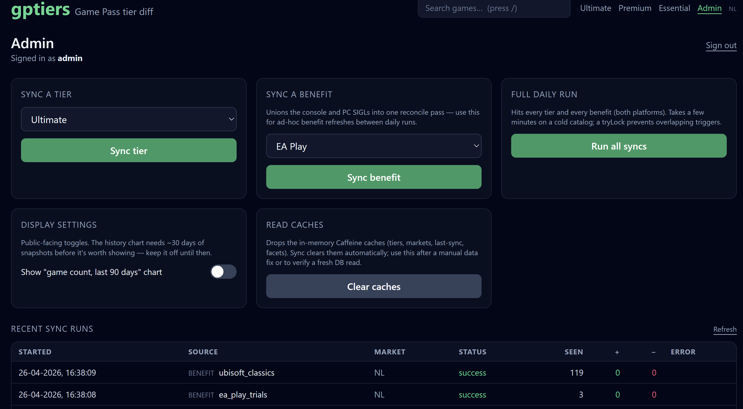 gamepass.fyi admin panel with cards for Sync a Tier, Sync a Benefit, Full Daily Run, Display Settings and Read Caches, plus a Recent Sync Runs table at the bottom
