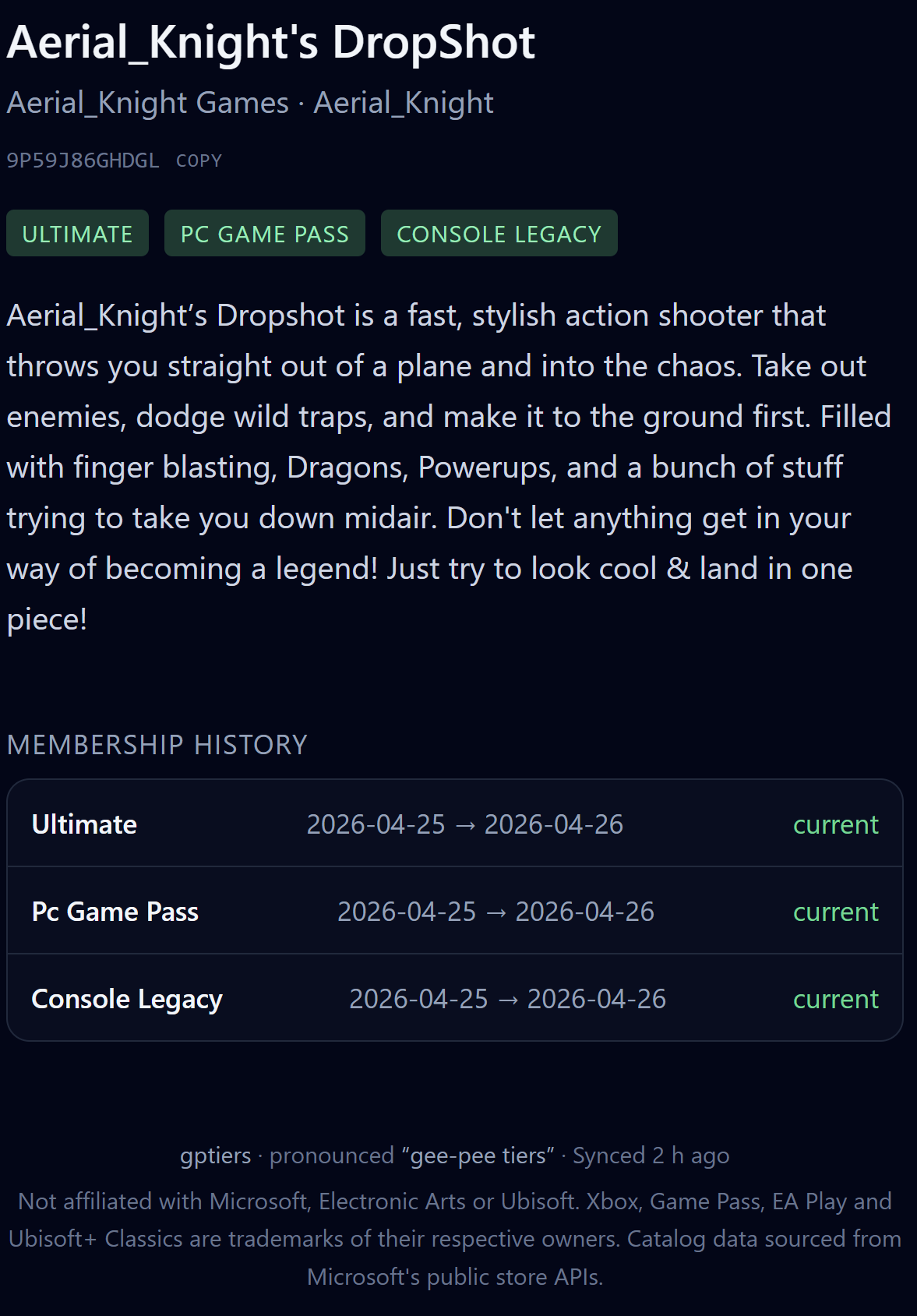 gamepass.fyi game detail page for Aerial_Knight's DropShot, with tier badges (Ultimate, PC Game Pass, Console Legacy) and a membership history table showing first-seen and last-seen dates per tier