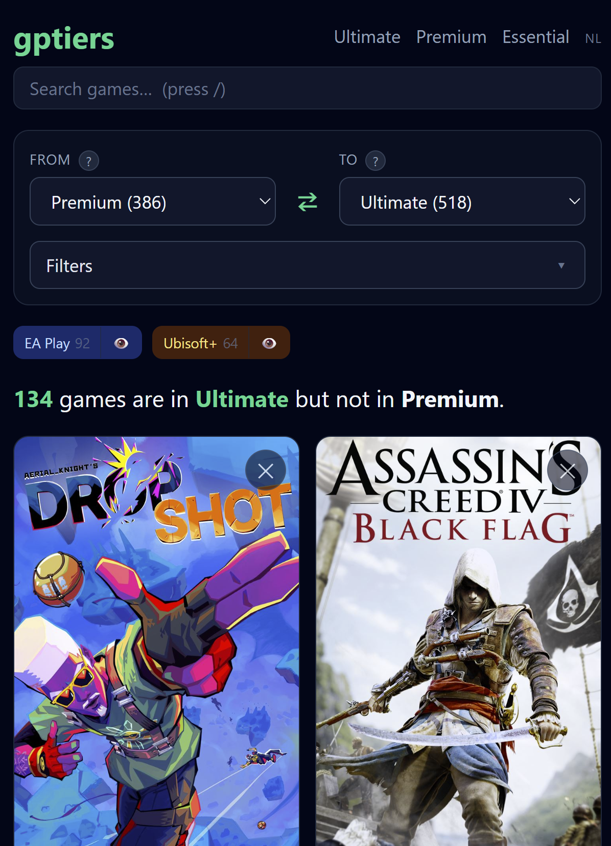 gamepass.fyi diff view: Premium (386 games) compared to Ultimate (518), with EA Play and Ubisoft+ benefit chips and a count of 134 games in Ultimate but not Premium